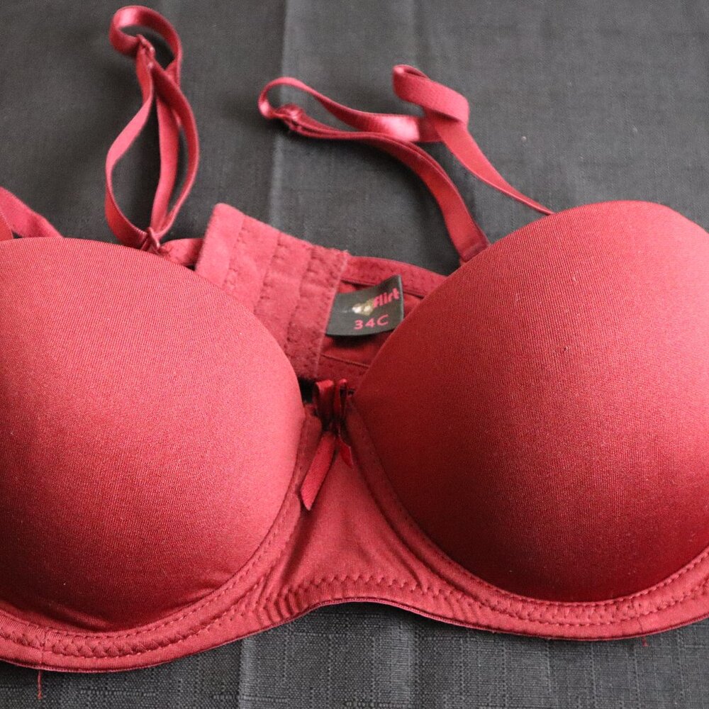 Always a Flirt Maroon Padded Underwire Pushup Bra 34C Detatchable Strapless